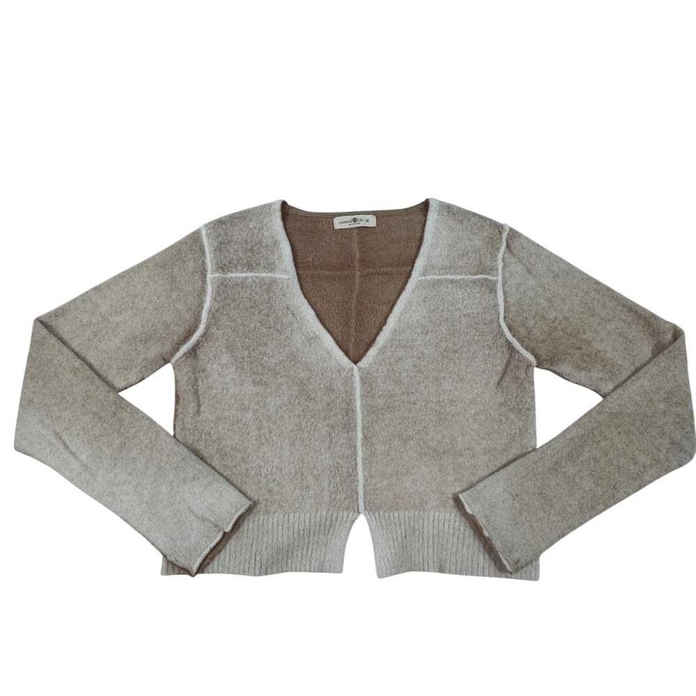 Natural Life Tan Fuzzy Knit Exposed Seam V-Neck Sweater Women's M Boho Coziness